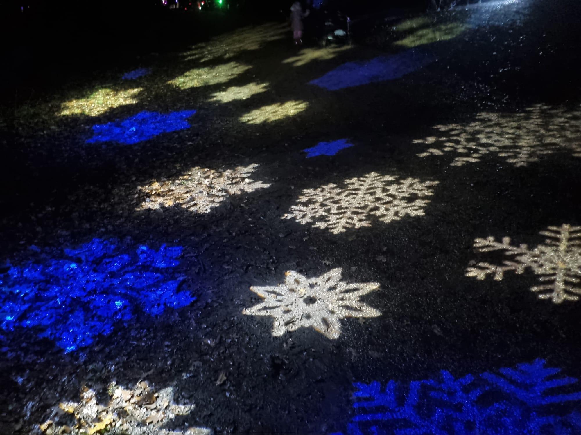 Projected snowflake gobo lighting across a trail path