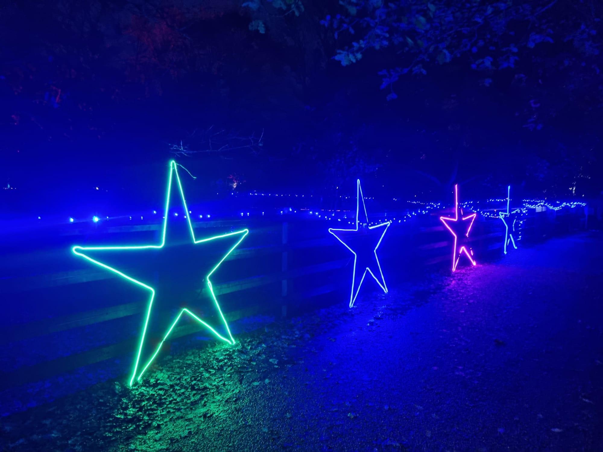 Light-up star installations lining a trail path at night